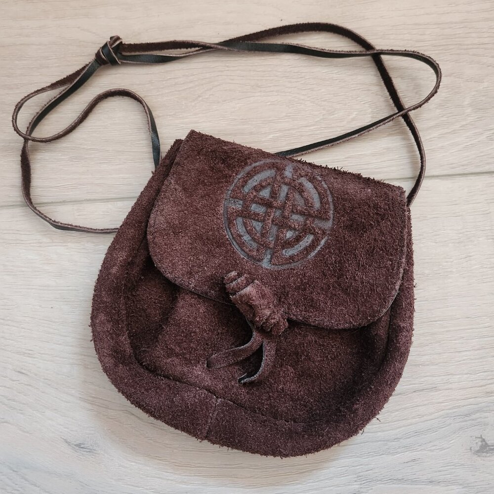 L & M  Highland Outfitters Dark Brown Suede Leather Celtic Cross Crossbody